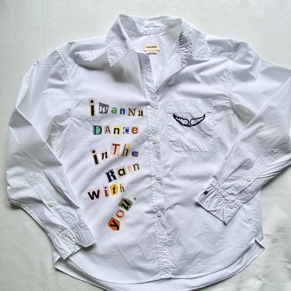 Zadig & Voltaire Tais Pop Heart Shirt W's S "I wanna dance in the rain with you" - Picture 1 of 16